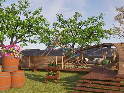 Park Landscape With Green Trees Pink Flowers Wooden Bridge Steps And Grassy Lawn 3d model