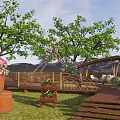 Park Landscape With Green Trees Pink Flowers Wooden Bridge Steps And Grassy Lawn