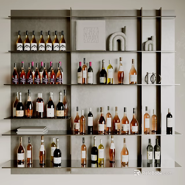 Various Wine Bottles And Glasses Arranged On Modern Shelves With Stylish Design 3d model 