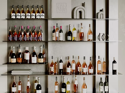 Various Wine Bottles And Glasses Arranged On Modern Shelves With Stylish Design 3d model
