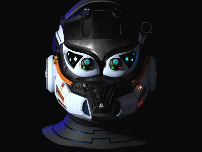Futuristic Tech Helmet With Glowing Green Blue Eyes And White Black Orange Accents 3d model
