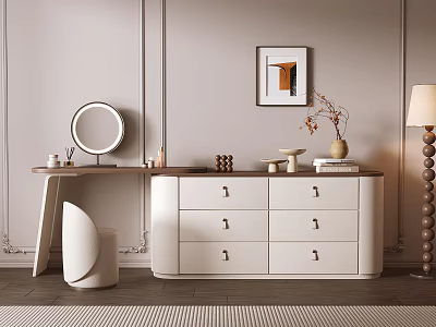 Elegant White Dressing Table With Round Mirror Drawers And Decorative Items On Light Colored Wall 3d model