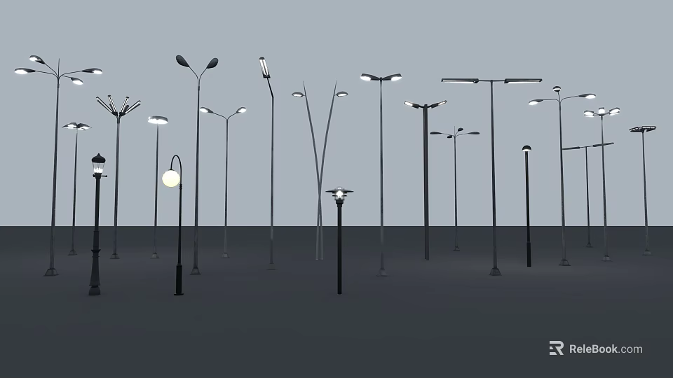 Various Designs of Outdoor Lights Including Street Lamps and Garden Styles 3d model 