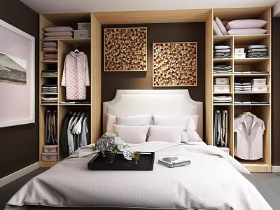 Double Bed in Modern Bedroom with Built in Wardrobes Decorative Paintings and Organized Clothes 3d model