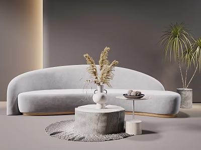 Gray Curved Sofa And Round Stone Coffee Table With Dried Flowers Woven Rug Green Plants 3d model
