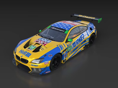 BMW Racing Car With Yellow And Blue Livery DIRZA 365 Logos And Rear Spoiler 3d model