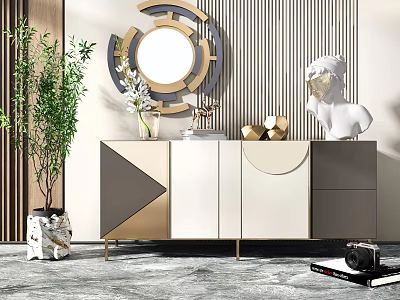 Modern Console Table Entryway Cabinet with Geometric Design Gold Details Mirror Decor and Green Plant 3d model