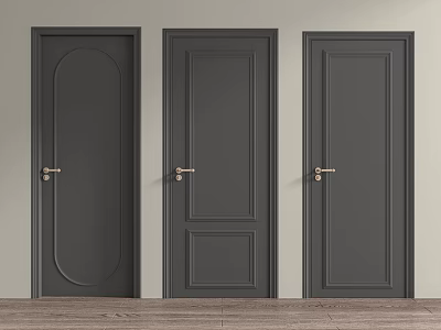 Three Gray Hinged Doors with Varied Panel Designs and Gold Handles in Interior Space 3d model