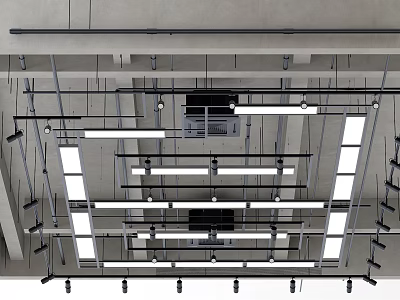 Modern Metal Frame Ceiling Design With Recessed Linear Lights And Suspended Structure 3d model