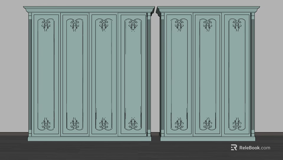Traditional Light Green Wardrobe Design With Double Doors And Carved Details 3d model 