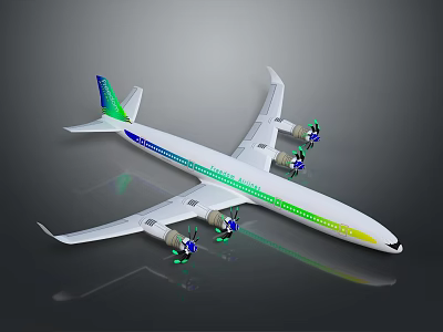 Modern White Aircraft With Green And Blue Stripes Four Engines And Wings Design 3d model