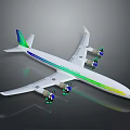 Modern White Aircraft With Green And Blue Stripes Four Engines And Wings Design