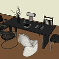 Modern Dining Table Set With Mixed Design Chairs And Decorative Items On Table 3d model