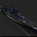 Blue And White Warship 3D Model With Radar Guns And Upper Structure Side View 3d model