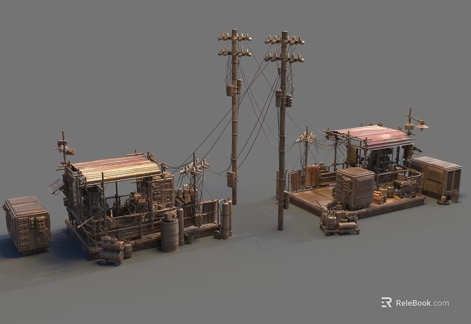 Future Architecture With Rustic Shacks Power Poles Oil Barrels And Wooden Crates 3d model 