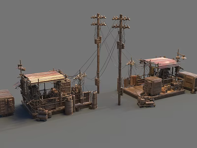 Future Architecture With Rustic Shacks Power Poles Oil Barrels And Wooden Crates 3d model
