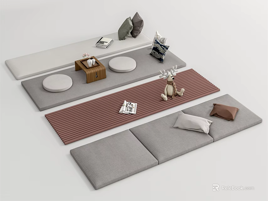Cozy Living Room Interior With Gray Cushions Striped Carpet Wooden Table And Decorative Ornaments 3d model 