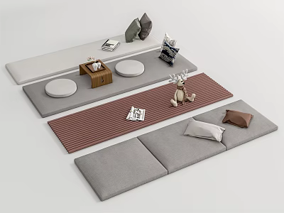 Cozy Living Room Interior With Gray Cushions Striped Carpet Wooden Table And Decorative Ornaments 3d model