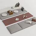 Cozy Living Room Interior With Gray Cushions Striped Carpet Wooden Table And Decorative Ornaments