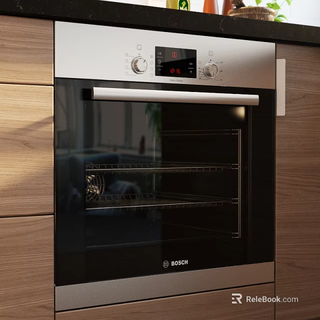 Modern Bosch Built In Oven In Wooden Kitchen Cabinets With Digital Control Panel 3d model 