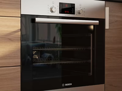Modern Bosch Built In Oven In Wooden Kitchen Cabinets With Digital Control Panel 3d model