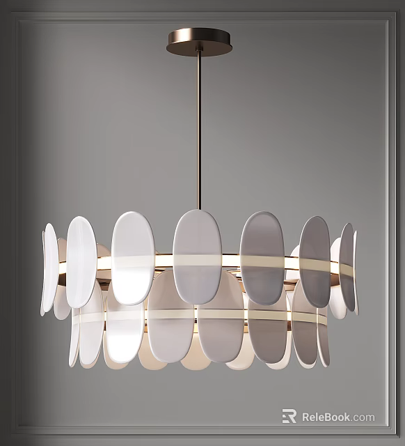 Modern Chandelier Featuring Oval Shaped Panels White Gray And Gold Accents For Interior 3d model 