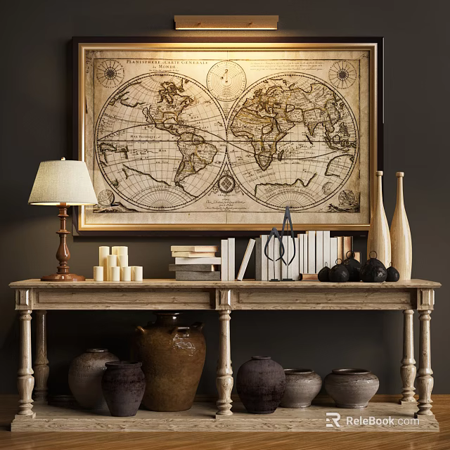 Vintage Console Table With World Map Art Table Lamp Books Scissors And Vases 3d model
