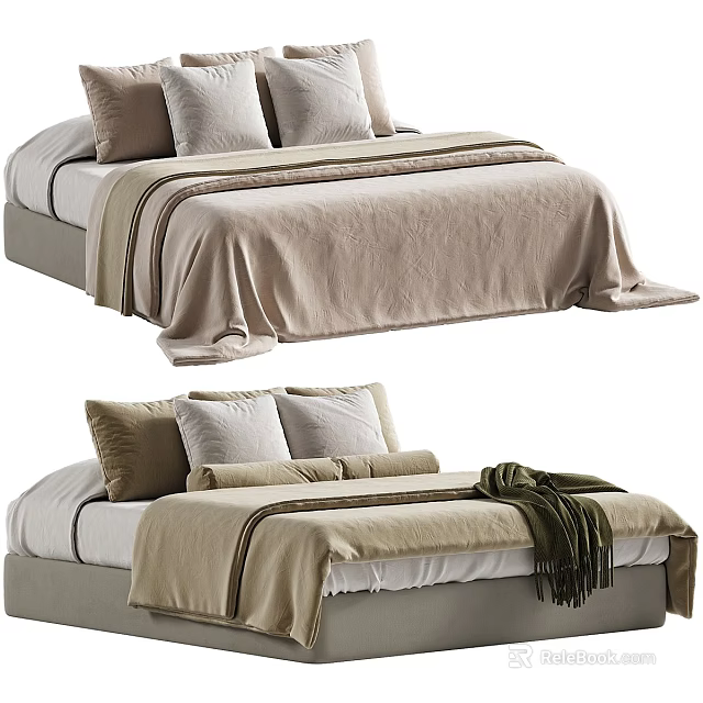 Cozy Modern Double Bed With Beige Linen Pillows And Blanket In Background 3d model 