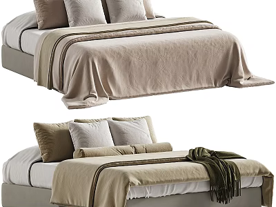 Cozy Modern Double Bed With Beige Linen Pillows And Blanket In Background 3d model