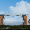 Modern Architectural Entrance Gate Featuring Glass Panels Water Reflection Surrounding Greenery And Blue Sky