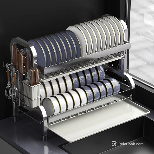 Stainless Steel Kitchenware Organizer With Plates Knives Chopsticks And Whisks Storage 3d model 