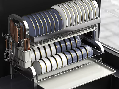Stainless Steel Kitchenware Organizer With Plates Knives Chopsticks And Whisks Storage 3d model