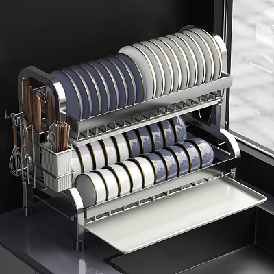 Stainless Steel Kitchenware Organizer With Plates Knives Chopsticks And Whisks Storage 3d model