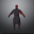 3D Sci Fi Character Model With Red Head Dark Outfit And Red Accents Standing Pose