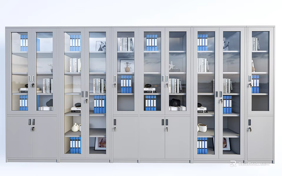 Gray Glass Door Bookcases With Books Blue Folders And Decorative Items Interior 3d model 