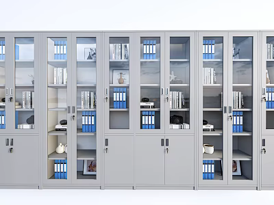 Gray Glass Door Bookcases With Books Blue Folders And Decorative Items Interior 3d model
