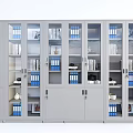 Gray Glass Door Bookcases With Books Blue Folders And Decorative Items Interior