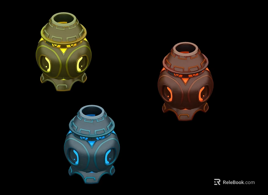 Three Colored Decorative Jars With Glowing Lights And Sci Fi Mechanical Design 3d model 