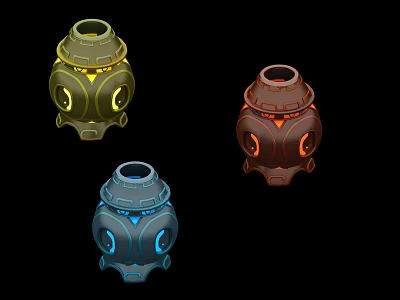 Three Colored Decorative Jars With Glowing Lights And Sci Fi Mechanical Design 3d model