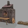 Traditional Brick Kitchen Oven With Chimney Wooden Bench And Cover