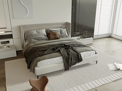 Modern Double Bed with Upholstered Headboard Pillows Throw Blanket Nightstand and Rug by Window 3d model