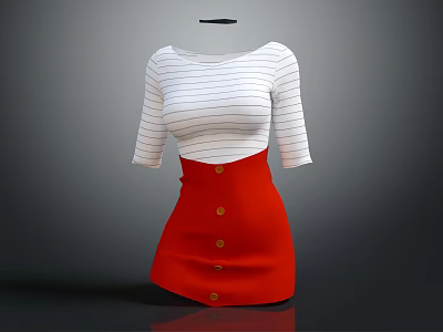 Stylish Women's Striped White Top With Three Quarter Sleeves And Red Buttoned A Line Skirt 3d model