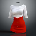 Stylish Women's Striped White Top With Three Quarter Sleeves And Red Buttoned A Line Skirt