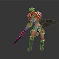 Fantasy Warrior In Golden Armor With Green Glowing Weapon And Mythical Creature