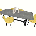 Modern Dining Table Set With Gray Top Yellow Chairs And White Vases 3d model