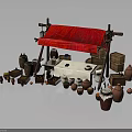 Traditional Market Stall With Red Canopy Wooden Crates Clay Pots And Oranges