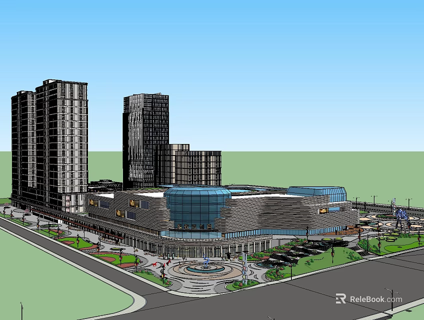 Modern Commercial Street With High Rise Buildings Shopping Mall Plaza And Parking Lot 3d model 