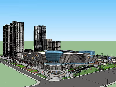 Modern Commercial Street With High Rise Buildings Shopping Mall Plaza And Parking Lot 3d model