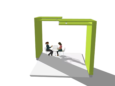 Green Outdoor Pergola with People Sitting at Table and White Chairs 3d model
