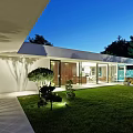 Modern Detached Villa With Large Glass Facade Swimming Pool And Outdoor Yellow Dining Set